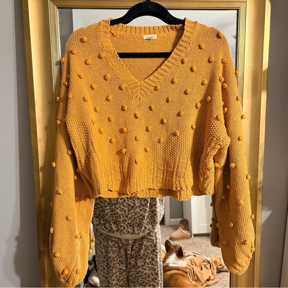 En Creme Mustard Pom-Pom V-Neck Crop Sweater
